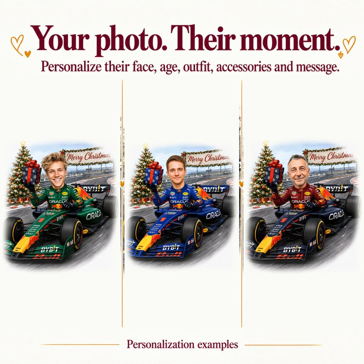 Three examples: different faces, suit colors in red, blue, or green, background customized.