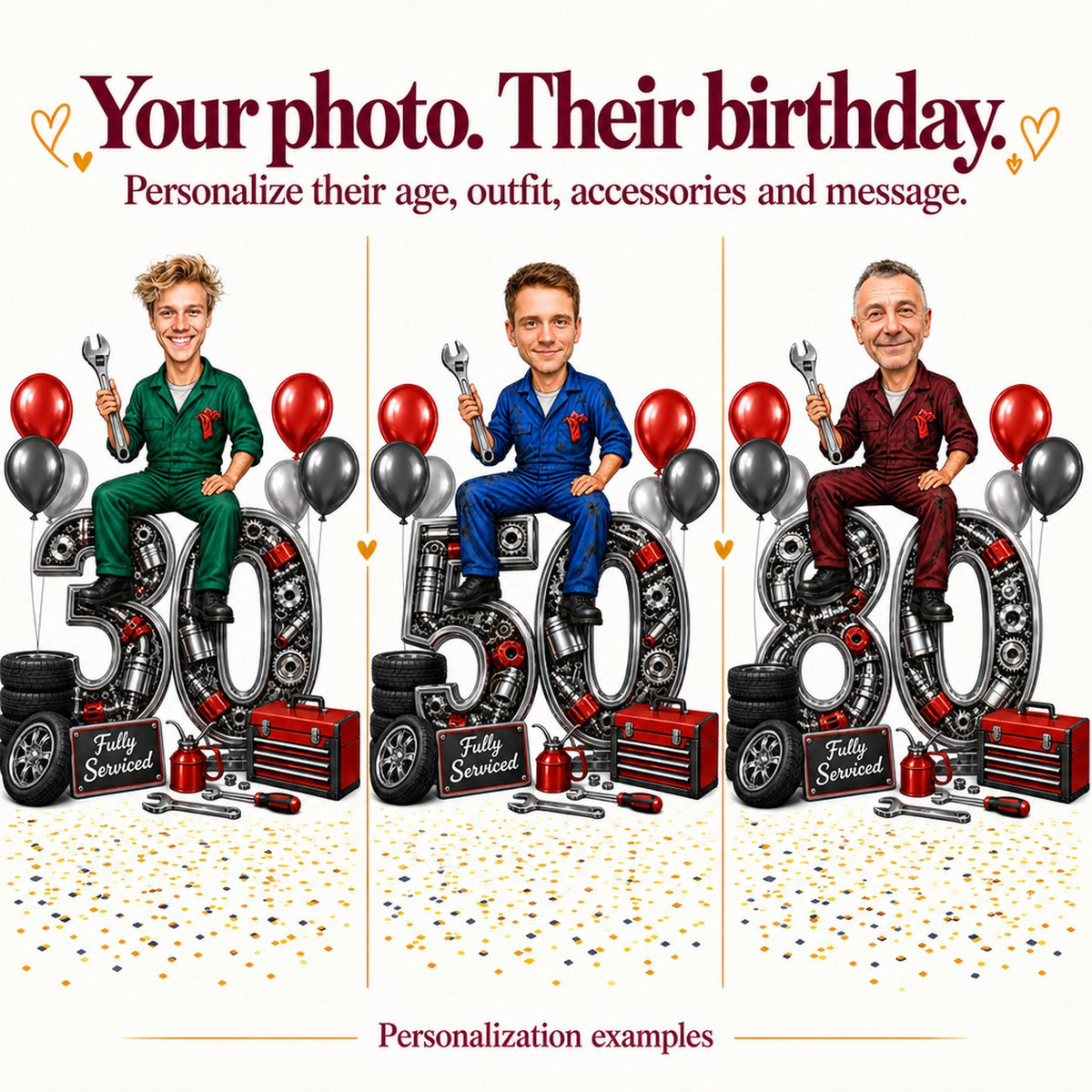 Three mechanic caricatures with different faces and ages 30, 50, and 80.