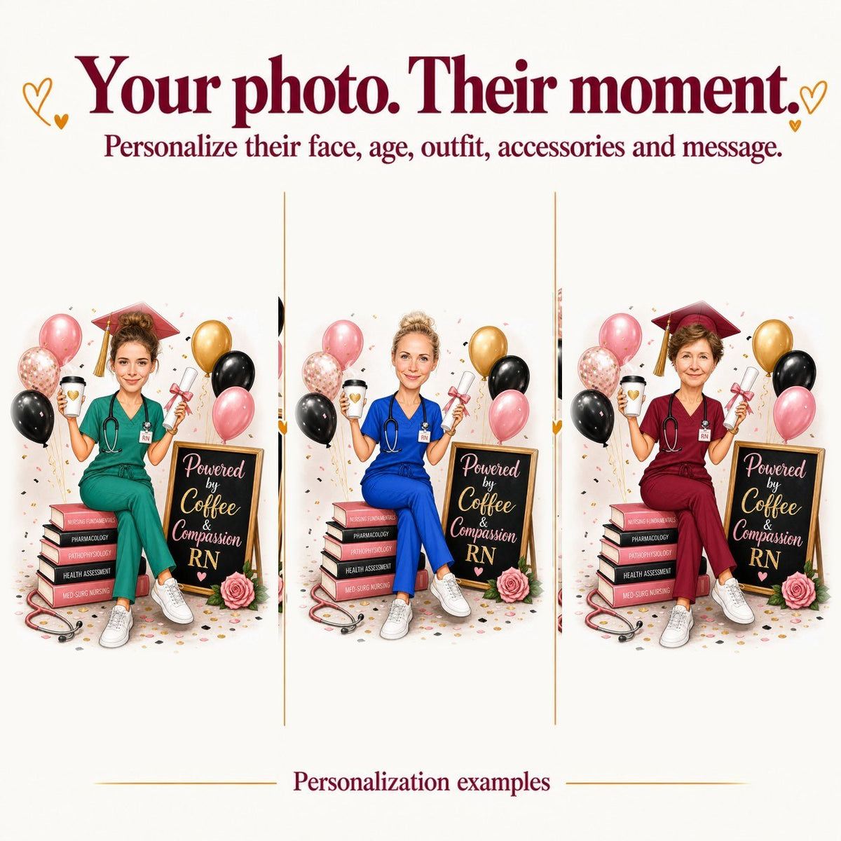 Three nurse graduation caricatures with different faces and scrub color variations, customized text.
