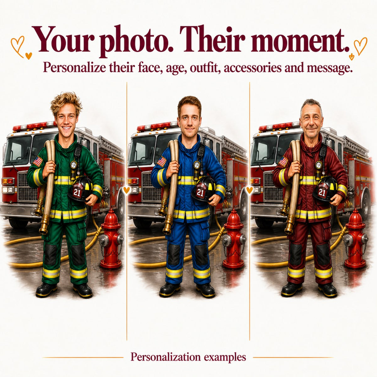 Three firefighter caricatures with different faces and gear colors, customized from photos.