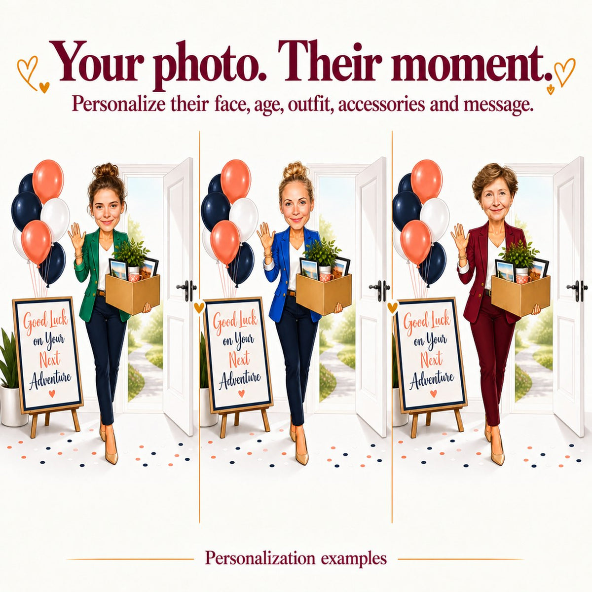 Three versions with different female faces, varied outfit colors, customized sign text and skin tones.
