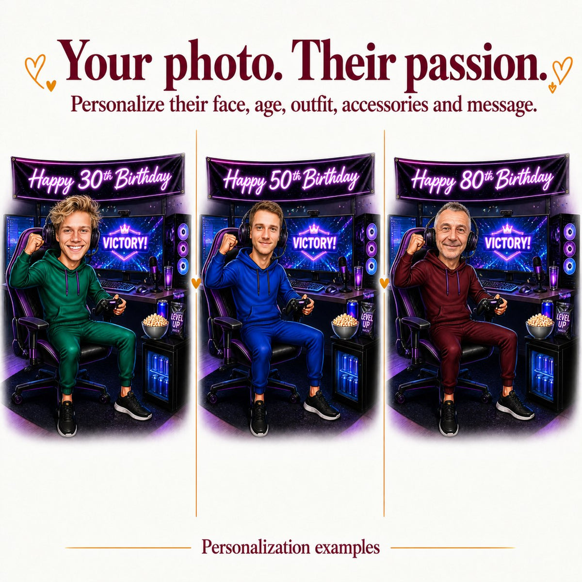 Three gamer caricatures with different faces and ages 30, 50, and 80 on birthday banner