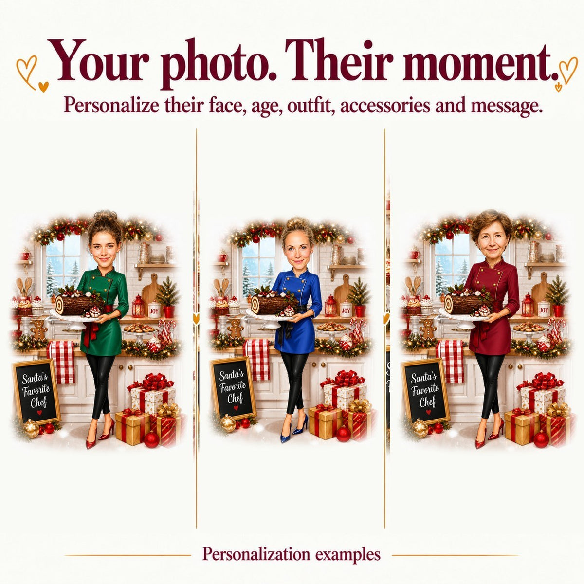 Three versions feature different faces, chef coat colors, and custom text on chalkboard