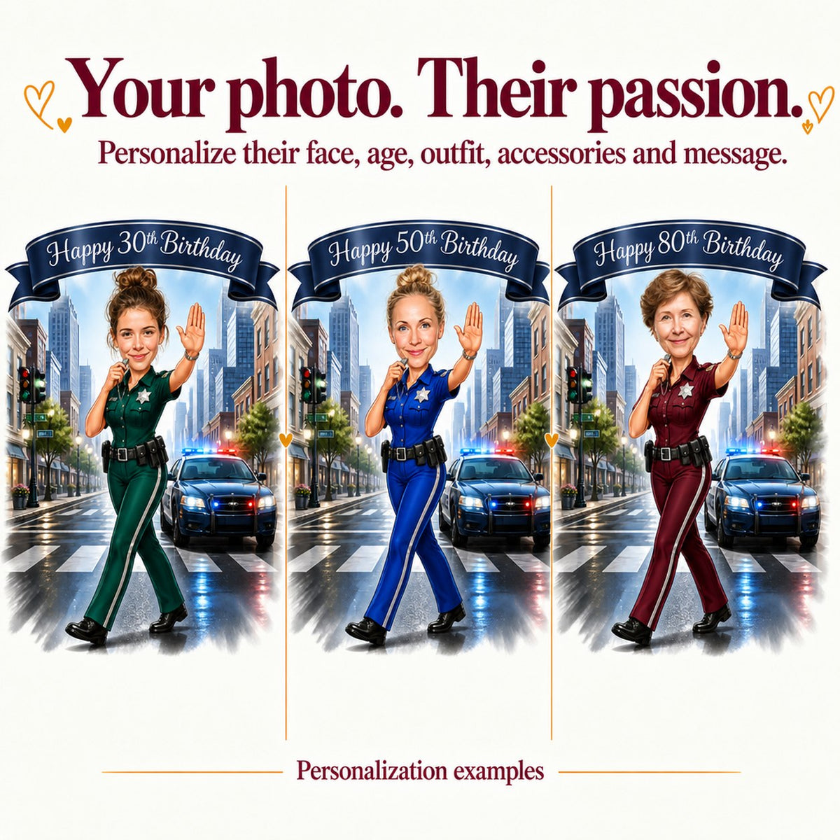 Three versions with different faces and ages 30, 50, and 80 in police uniform.