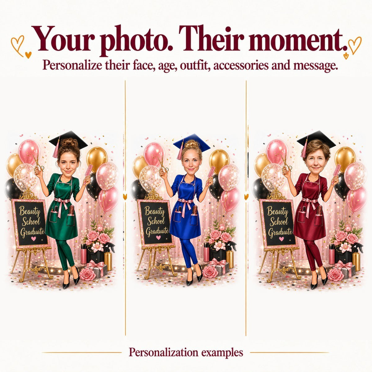 Three custom cosmetology graduates with different faces and apron colors, holding scissors and comb.
