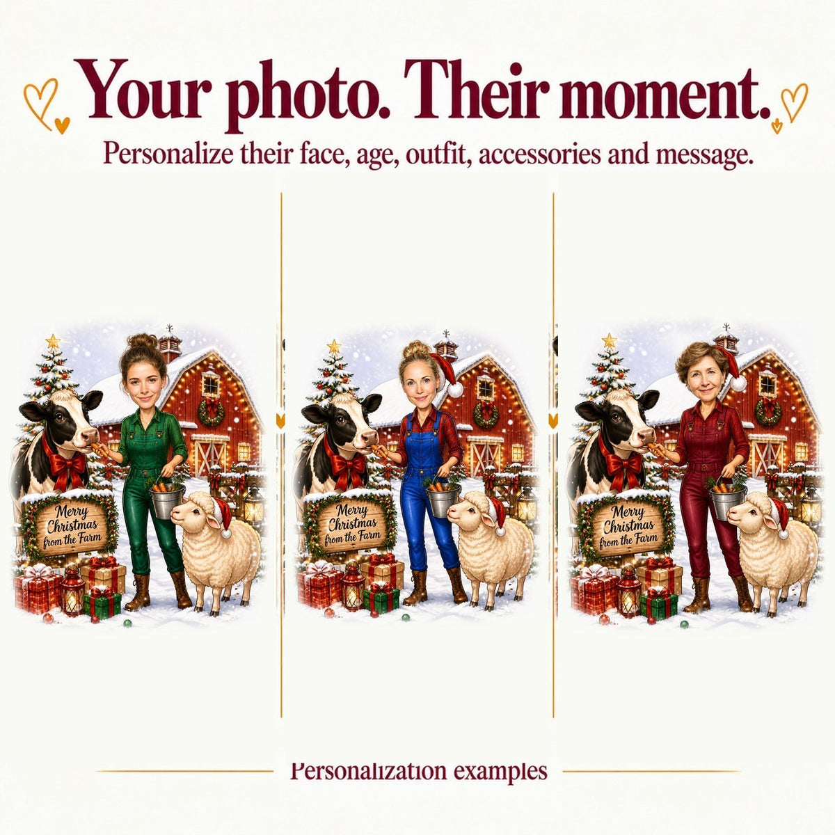 Three personalized versions: different women’s faces, varied outfit colors, custom farm sign text.