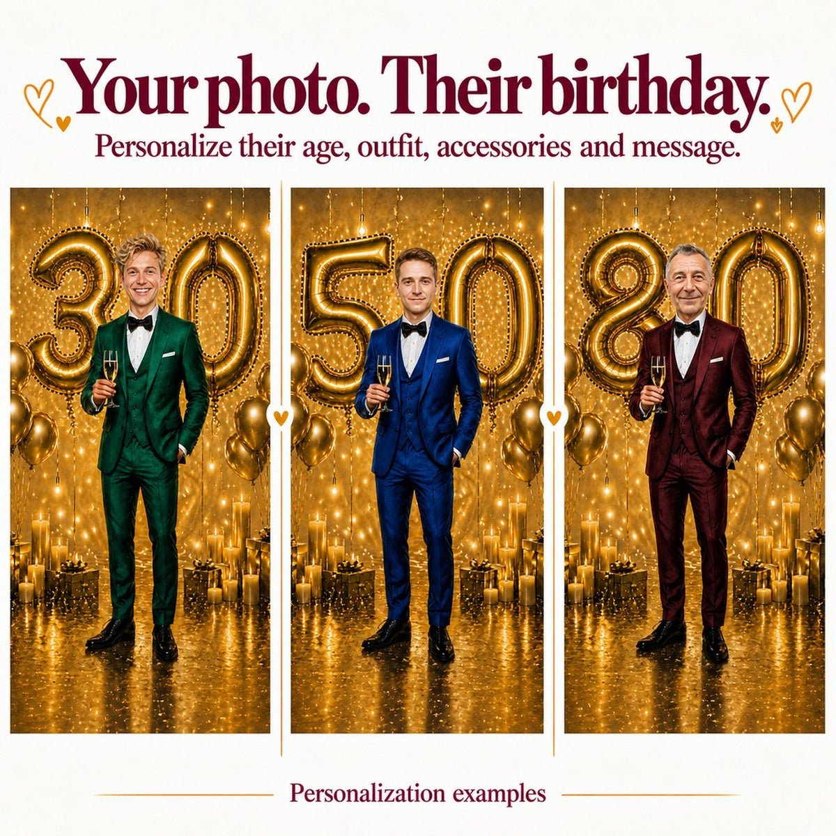 Three personalized versions with different faces and ages 30, 50, and 80.