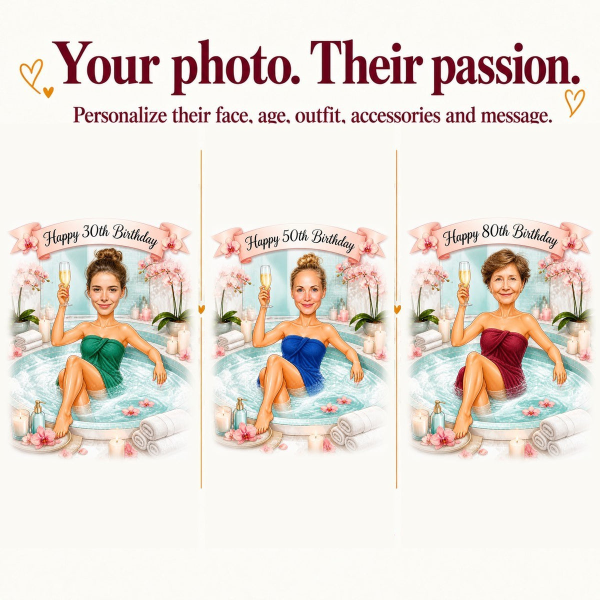 Three personalized spa caricatures with different faces and ages 30, 50, and 80.
