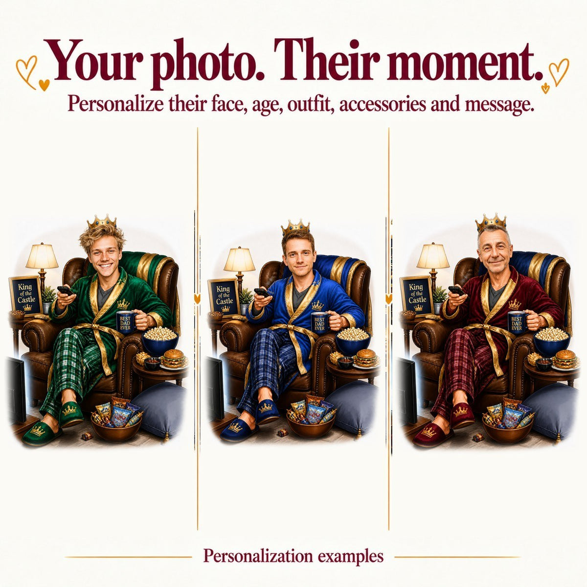 Three dads with different faces, robe colors, and backgrounds in the King of the Castle scene.