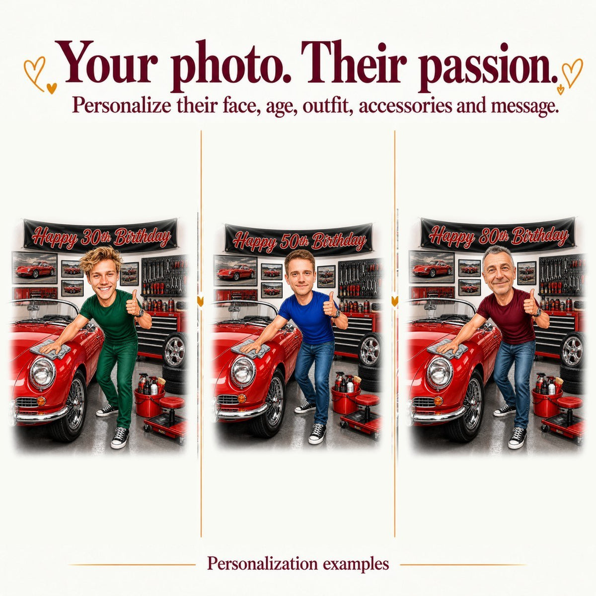 Three versions with different faces and ages 30, 50 and 80 on banner