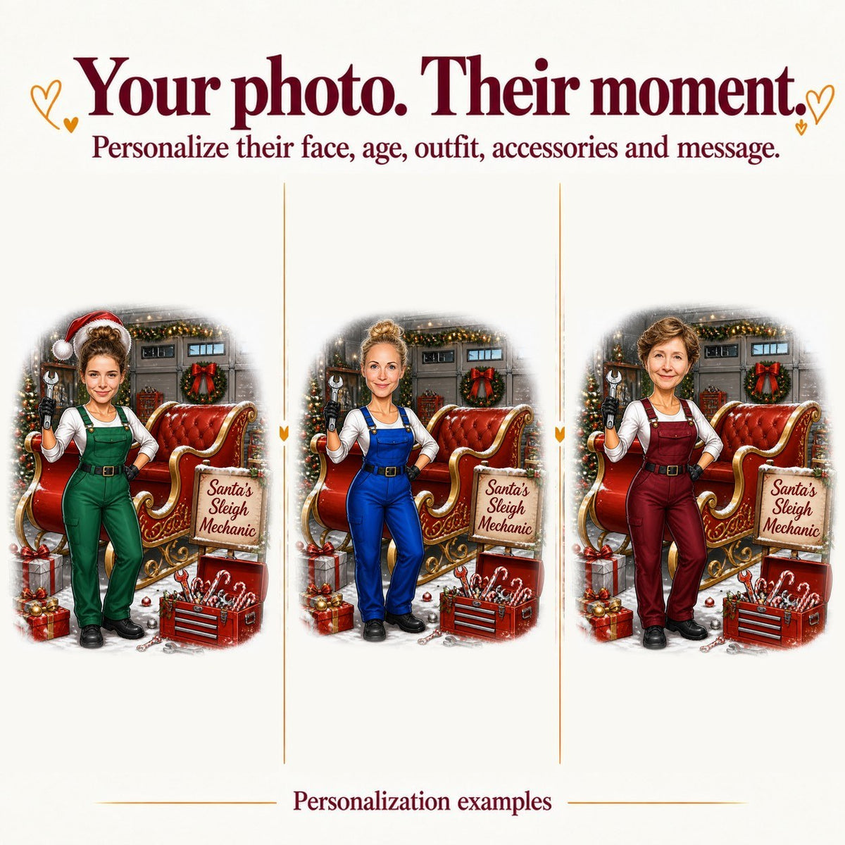 Three personalized faces in red, green, and black outfits on Santa sleigh mechanic scene
