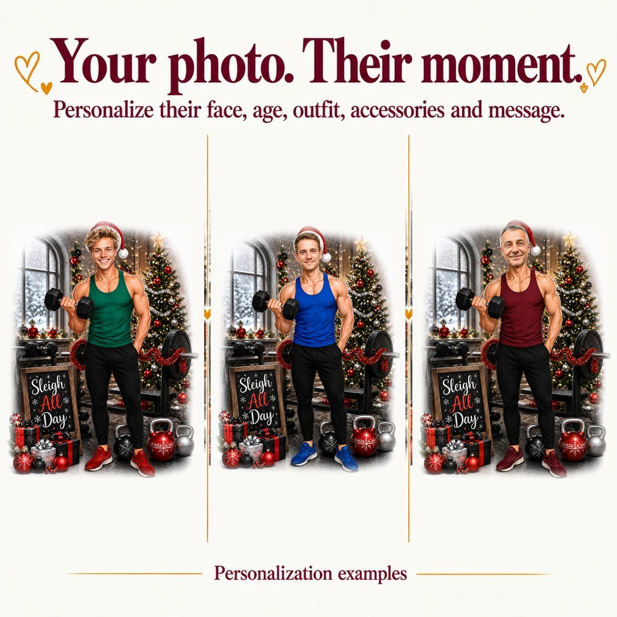 Three personalized gym Christmas caricatures with different faces and red, green, or black outfits.