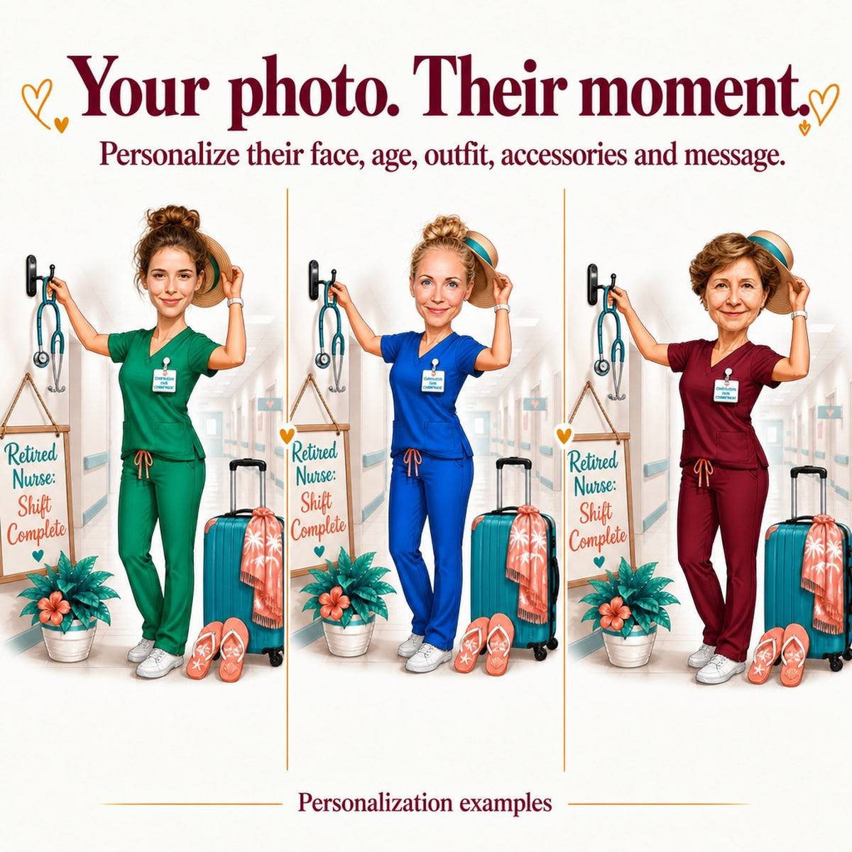 Three retired nurse caricatures with different women, scrub colors, and customized sign messages.