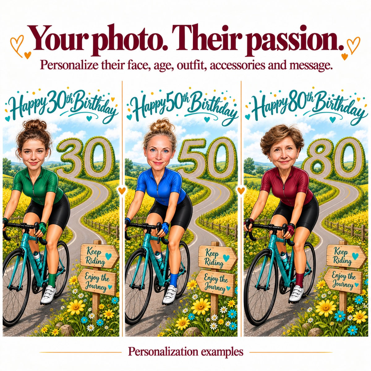Three cycling caricatures with different faces and ages 30, 50, and 80.