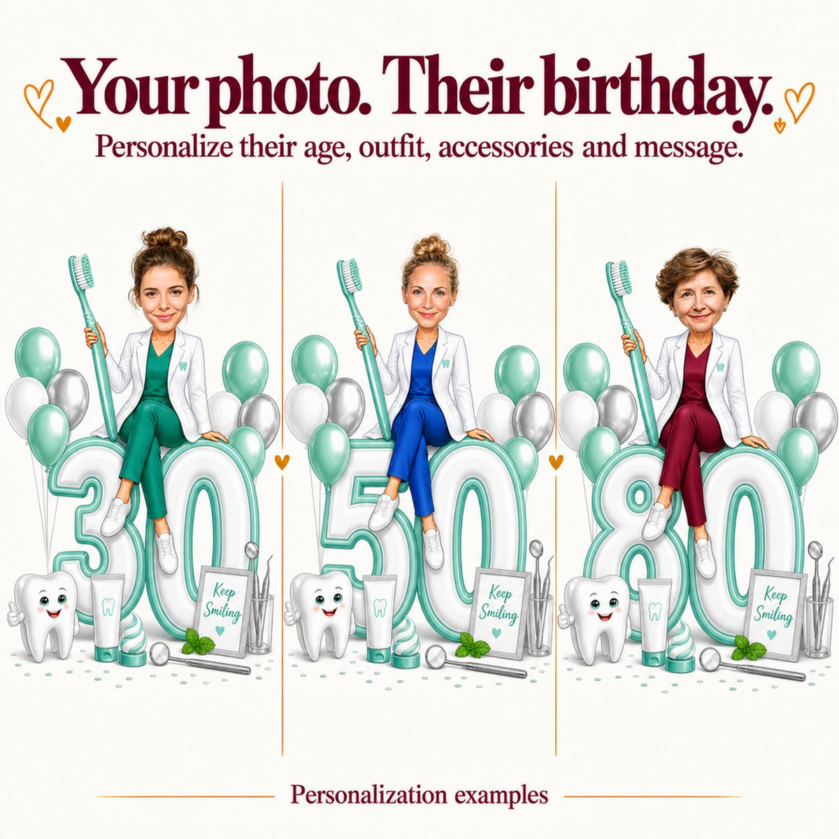 Three personalized dentist caricatures with different faces and ages 30, 50, and 80.