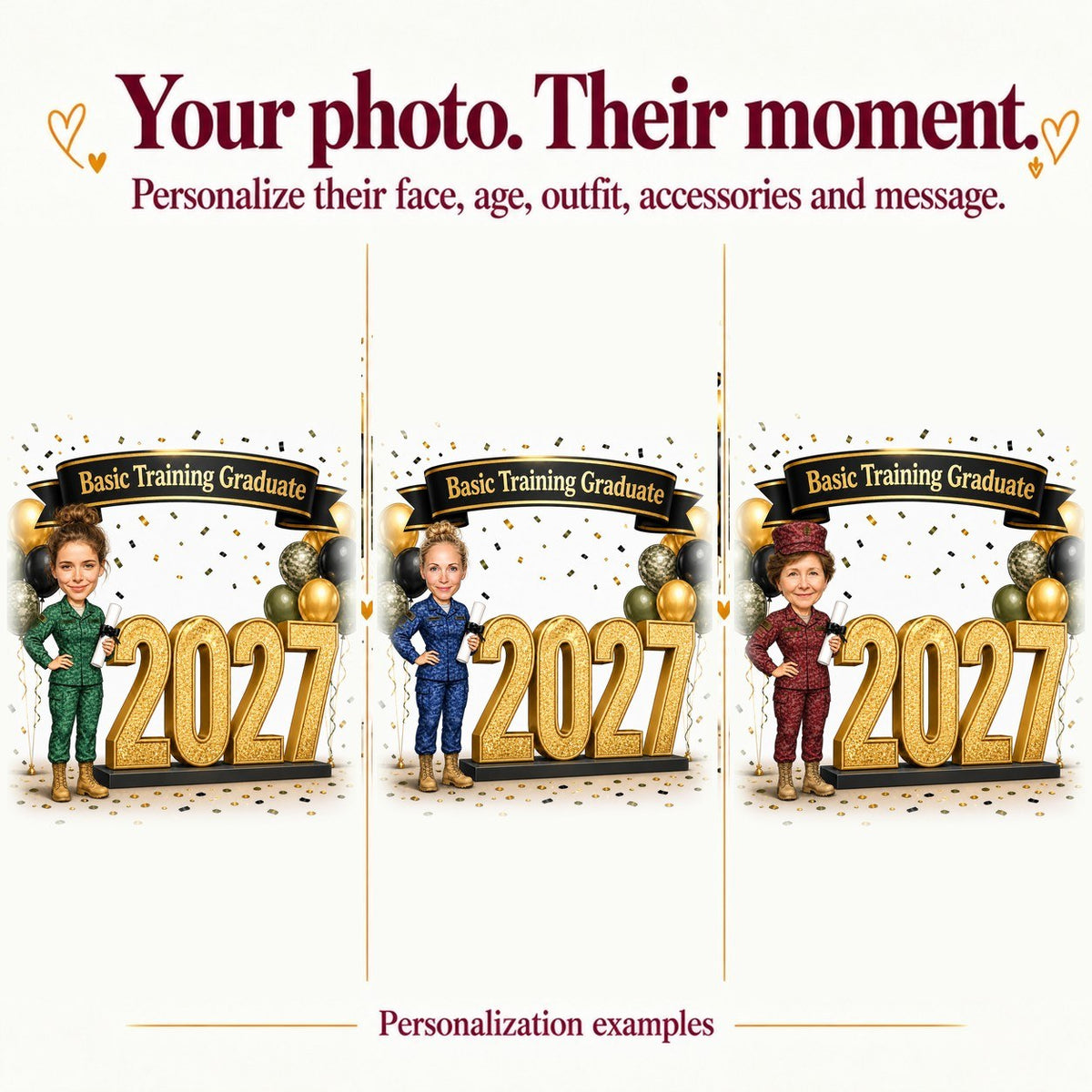 Three personalized versions with different faces, banner text, and camo uniform colors.