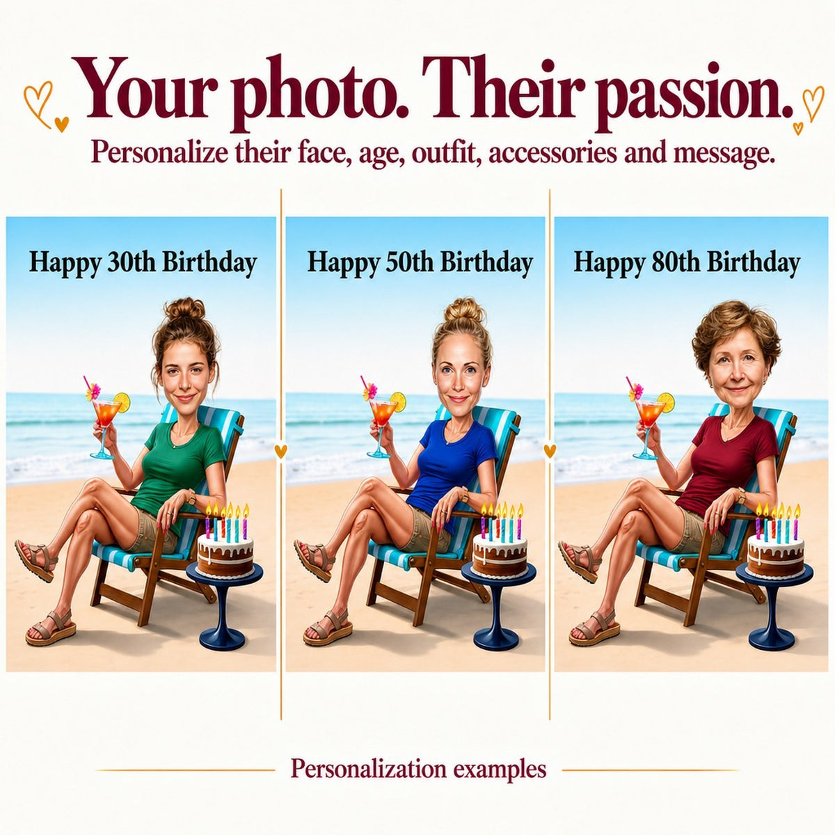 Three custom beach birthday caricatures with different faces, ages 30, 50, and 80.