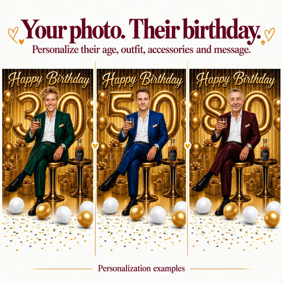 Three examples showing different faces and ages 30, 50, and 80 in golden scene.