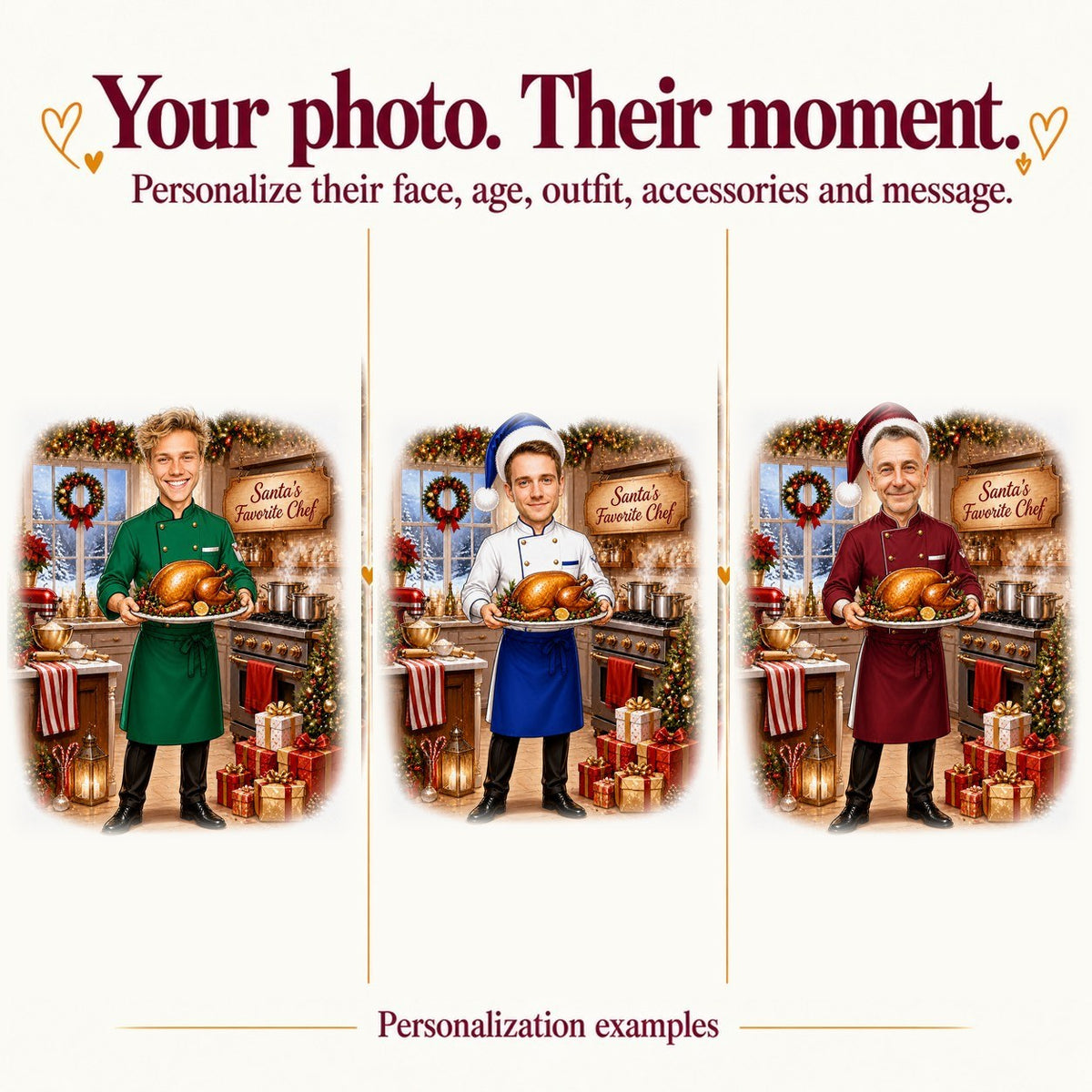 Three versions: different men, varied skin tones, white jackets with red, green, black aprons.