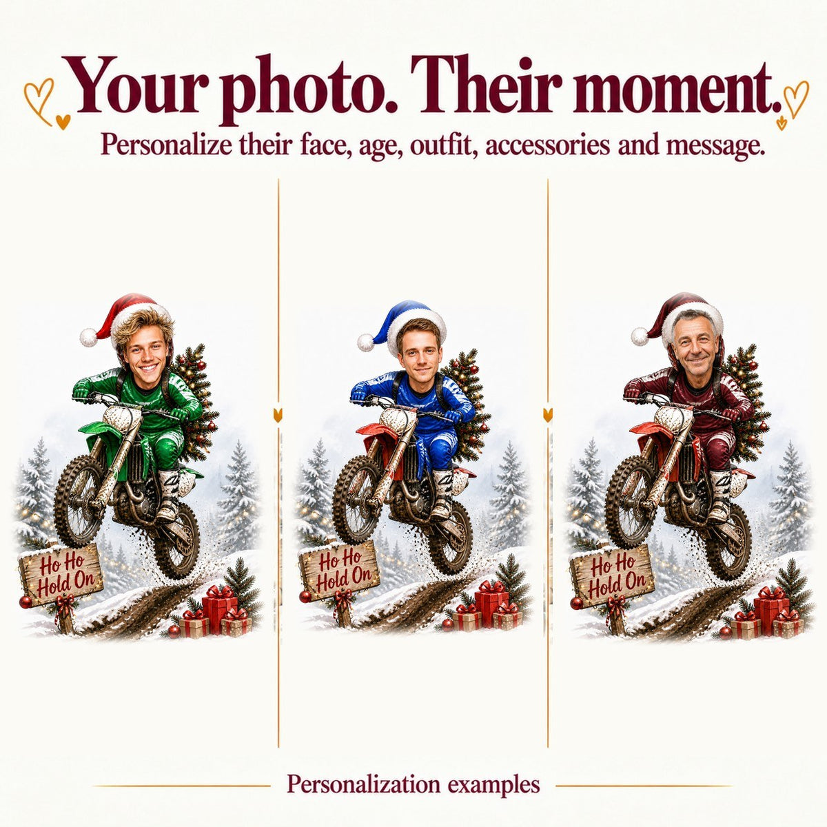 Three custom motocross caricatures with different faces and red, green, or blue outfits.