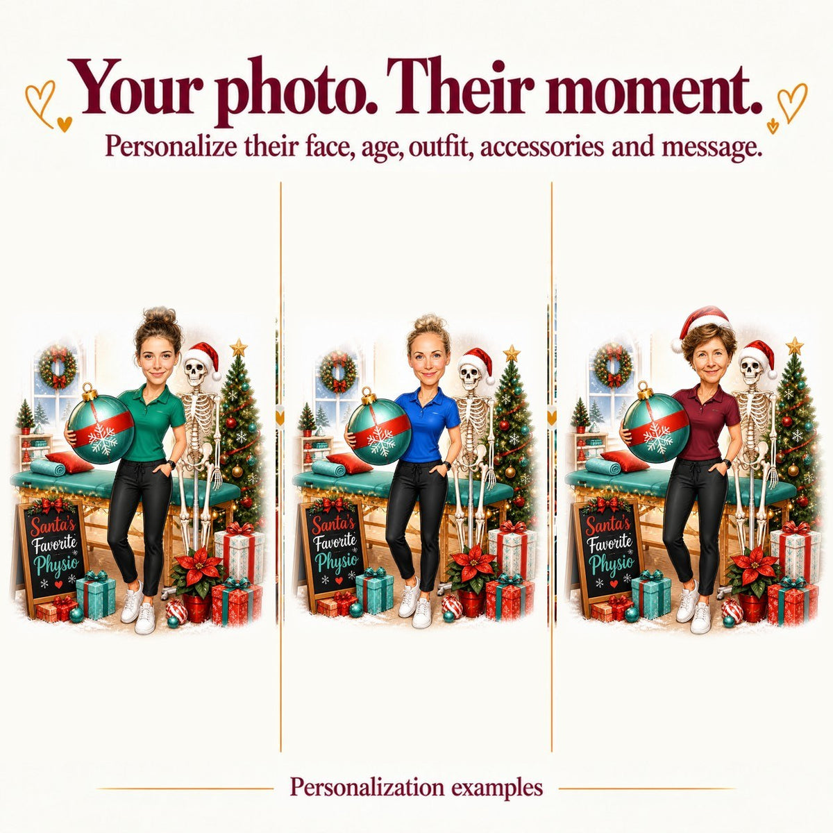 Three personalized physio Christmas caricatures with different faces and teal, red, or navy outfits