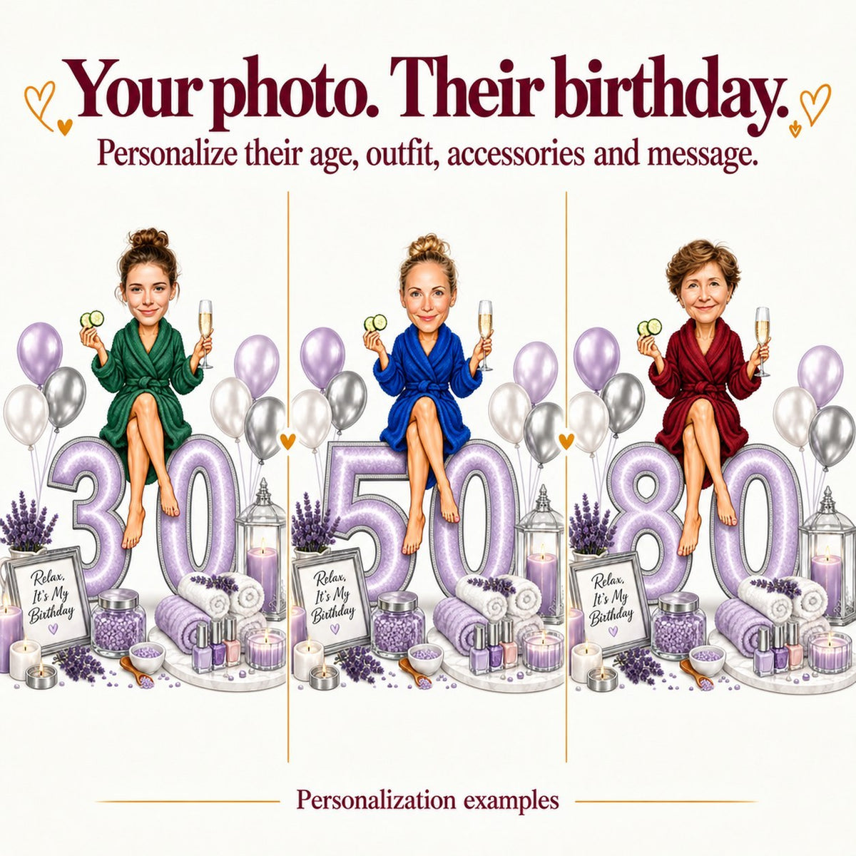 Three variations with different faces and ages 30, 50, and 80 shown.