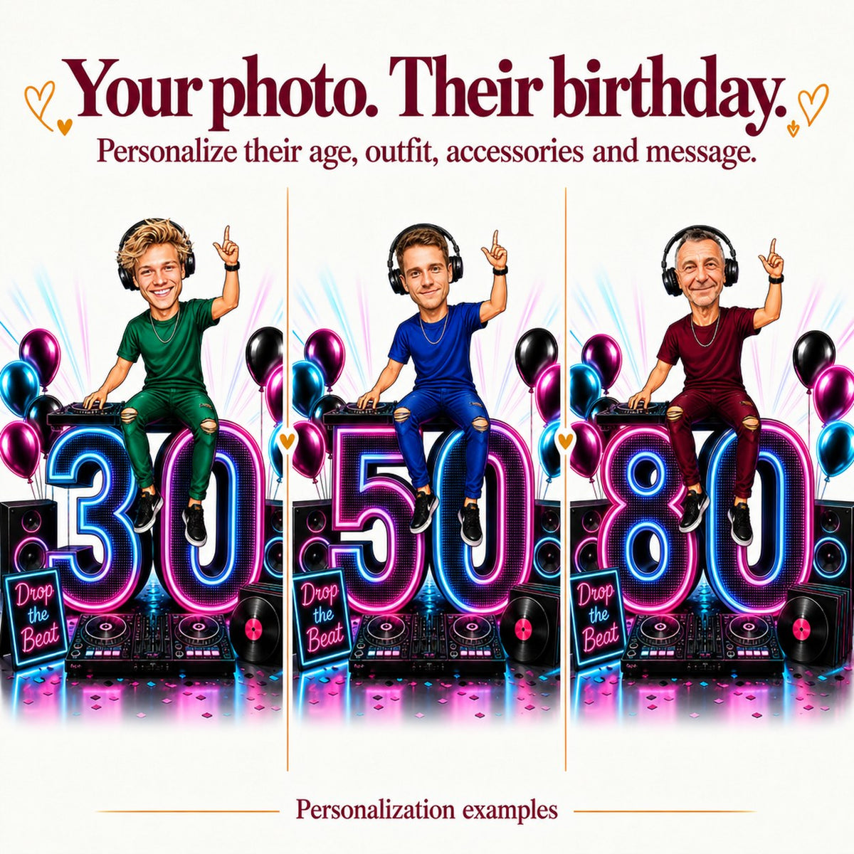 Three personalized DJ caricatures with different faces and ages 30, 50, 80.