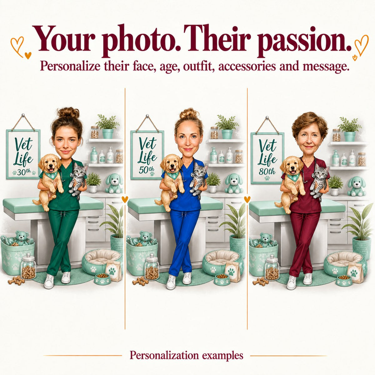 Three personalized vets with different faces and scrub colors, teal, navy, and pink.