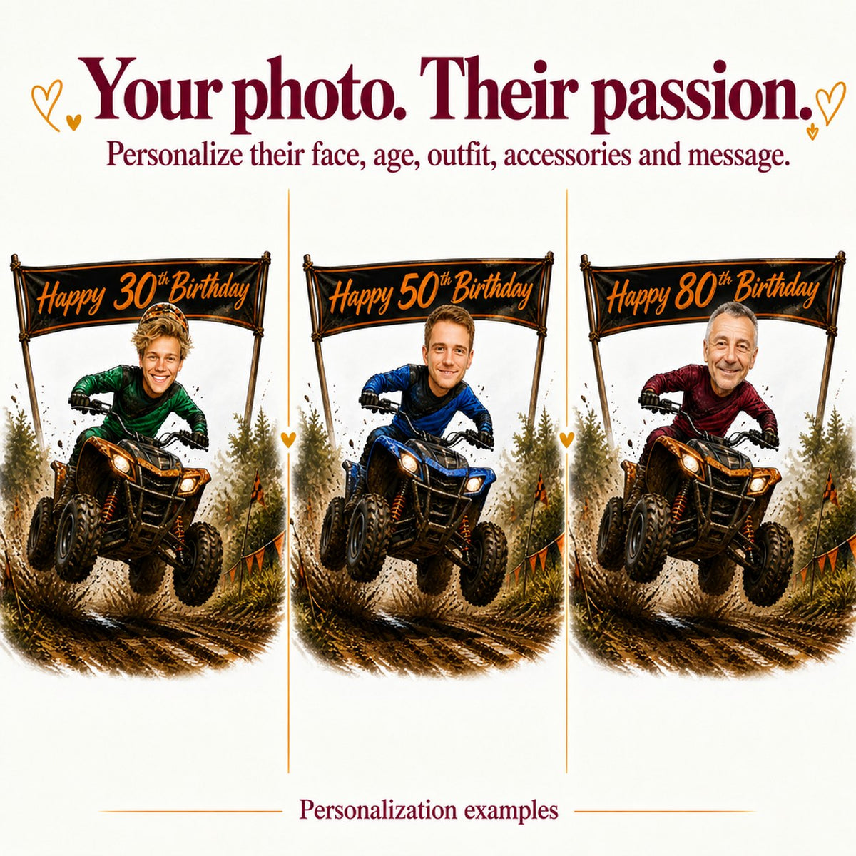 Three personalized ATV caricatures with different faces and ages 30, 50, and 80