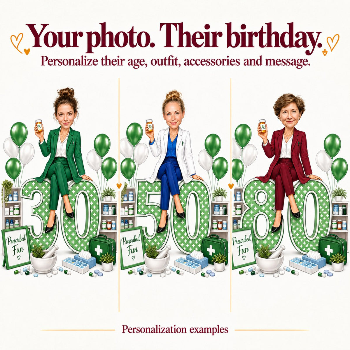 Three pharmacist caricatures with different faces and ages 30, 50 and 80.