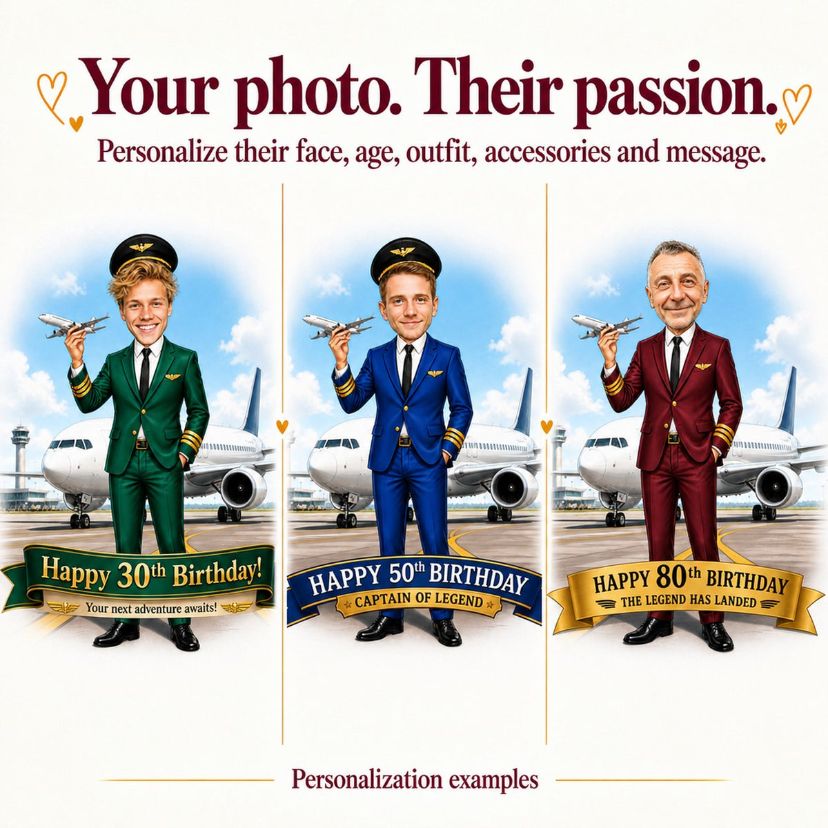 Three pilot caricatures with different faces and ages 30, 50, and 80 years.