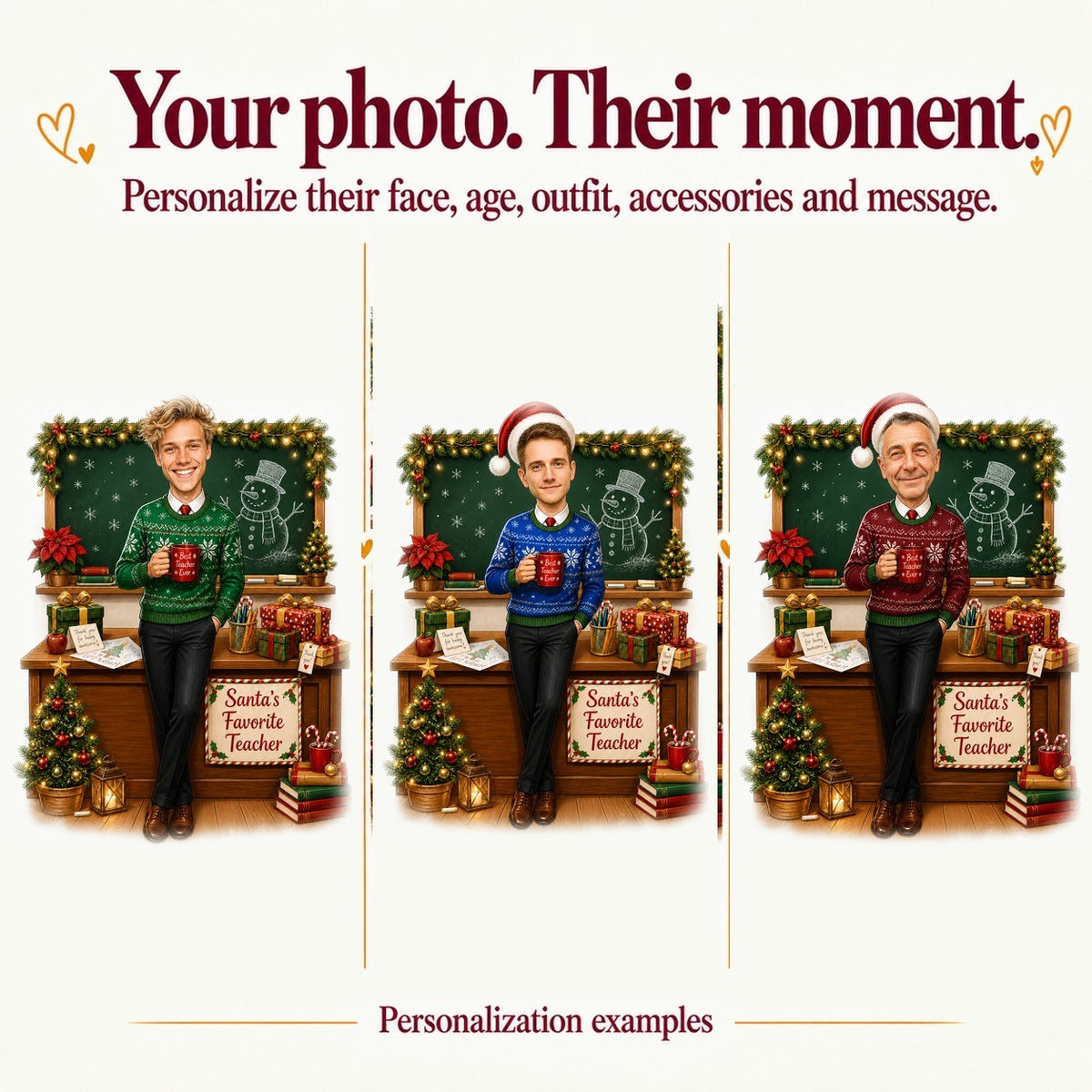 Three personalized teacher Christmas caricatures with different faces and varied sweater and tie colors.