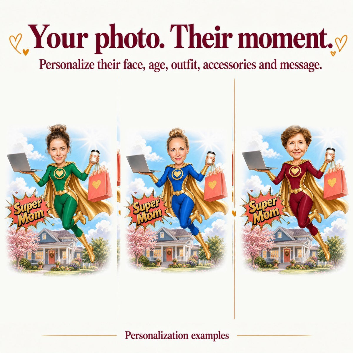 Three personalized Super Mom caricatures with different faces and suit colors