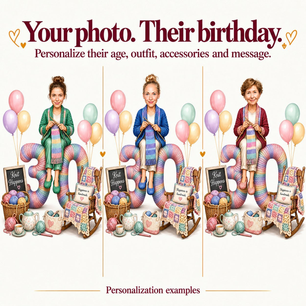 Three personalized knitting caricatures with different faces and ages 30, 50, 80.