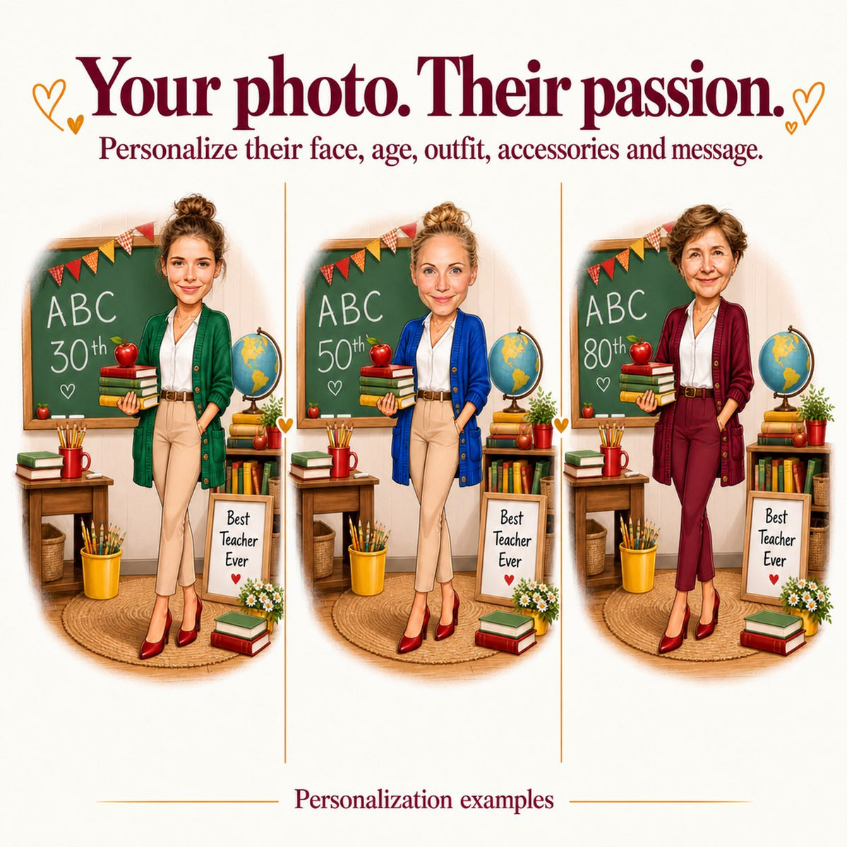 Three personalized teacher cartoons with different faces and outfit colors, classroom details varied.