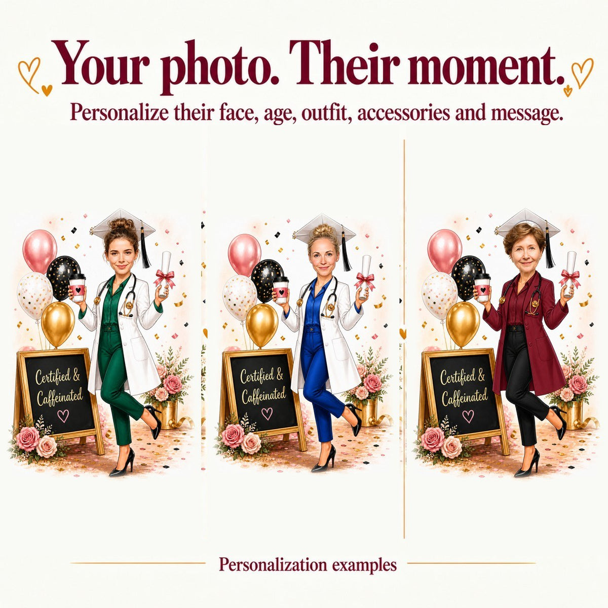 Three personalized PA grad portraits with different faces and varied outfit colors.