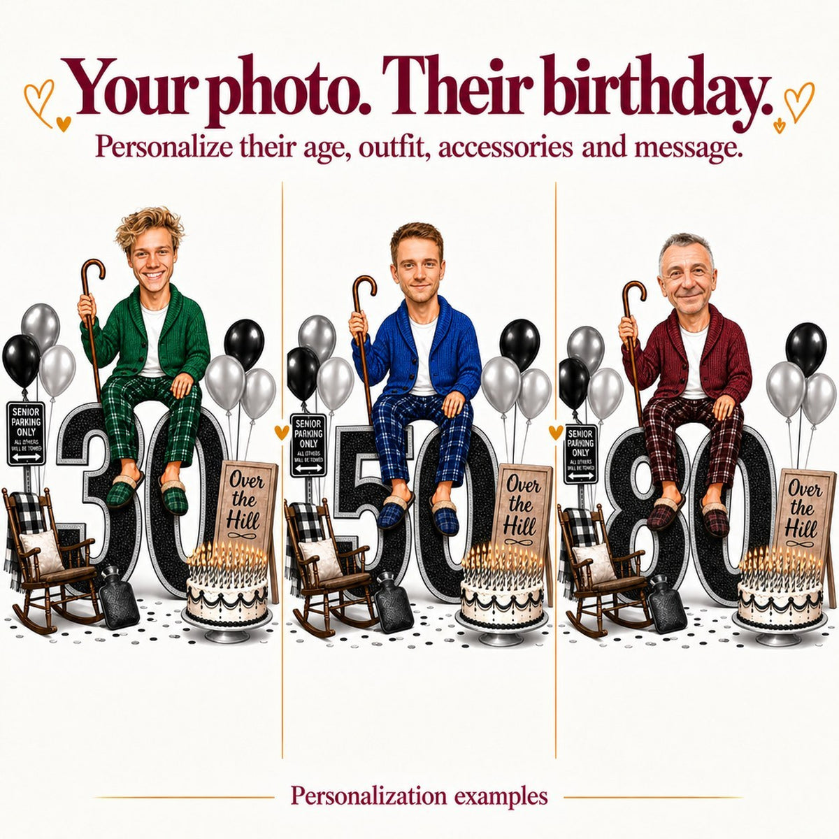Three faces personalized in the scene with big ages 30, 50, and 80.