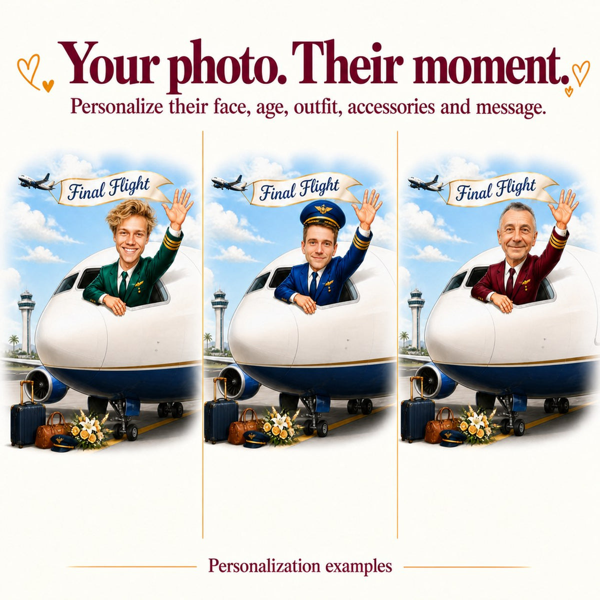 Three personalized pilot retirement caricatures with different faces and uniform color variations.
