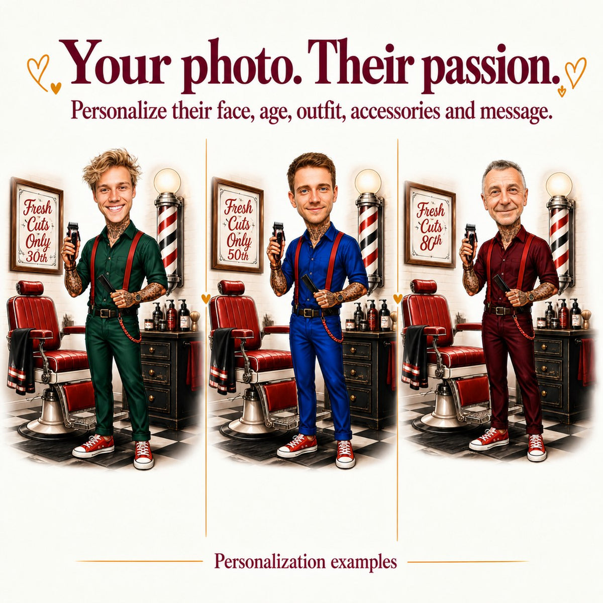Three personalized barber caricatures with different faces and outfit colors