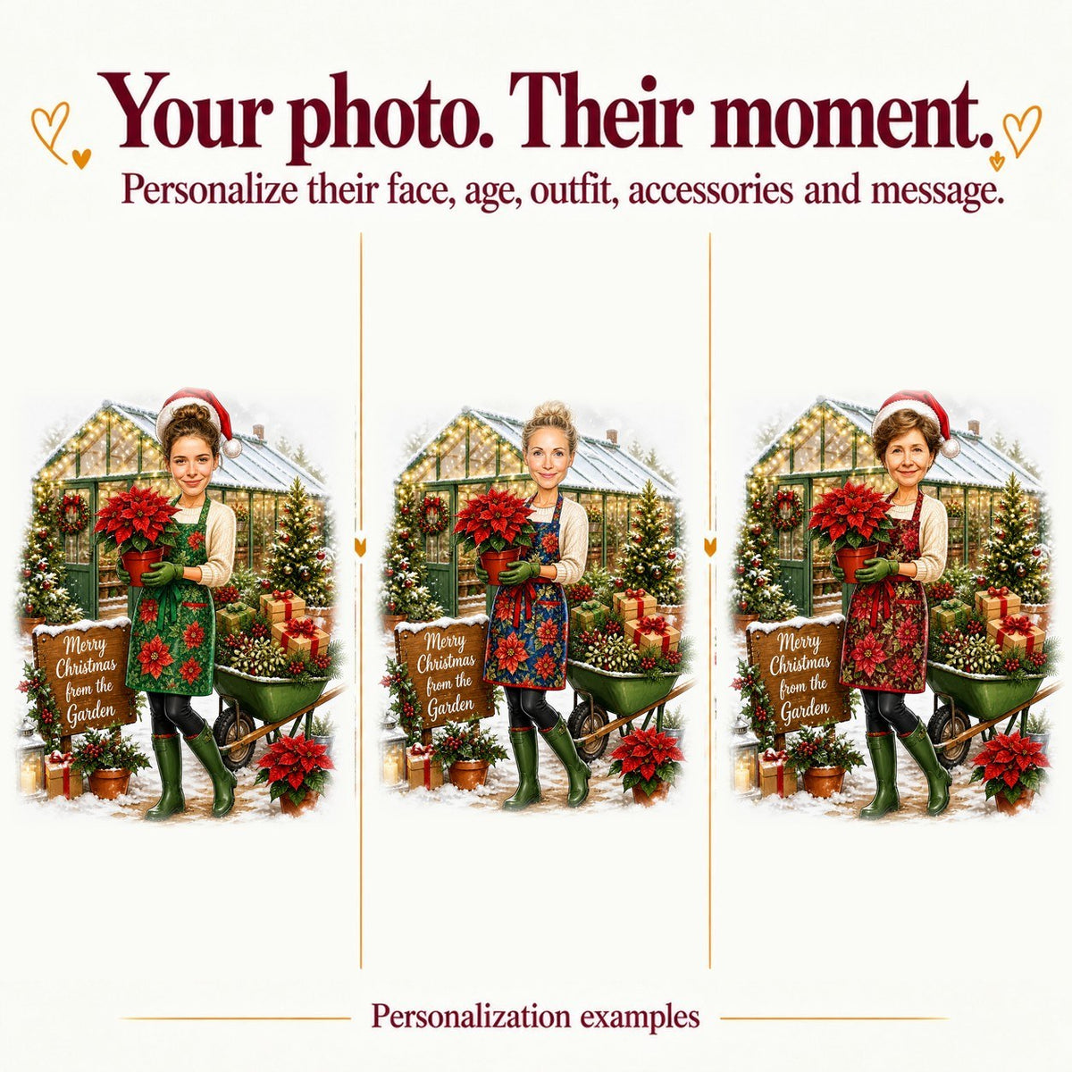 Three personalized gardener caricatures with different faces, glove colors, and custom garden sign text.
