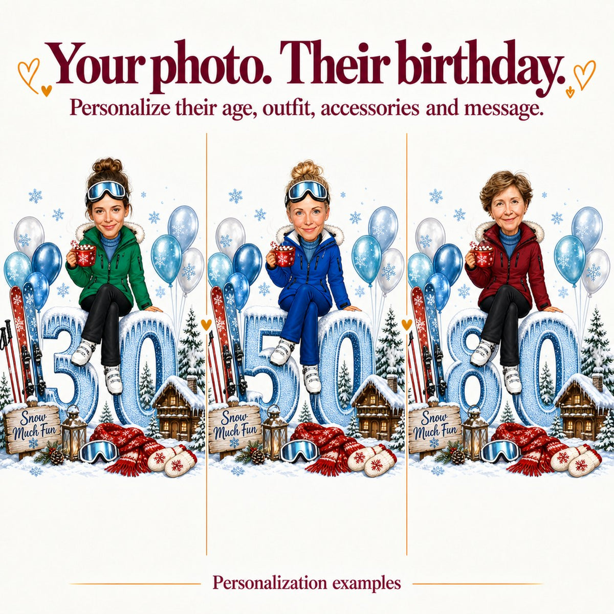 Three ski caricatures with different faces and ages 30, 50 and 80.