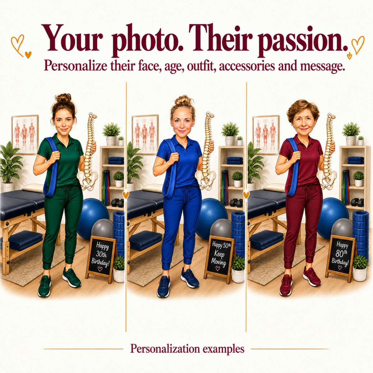 Three PT caricatures with different faces and navy, teal, and pink outfits.