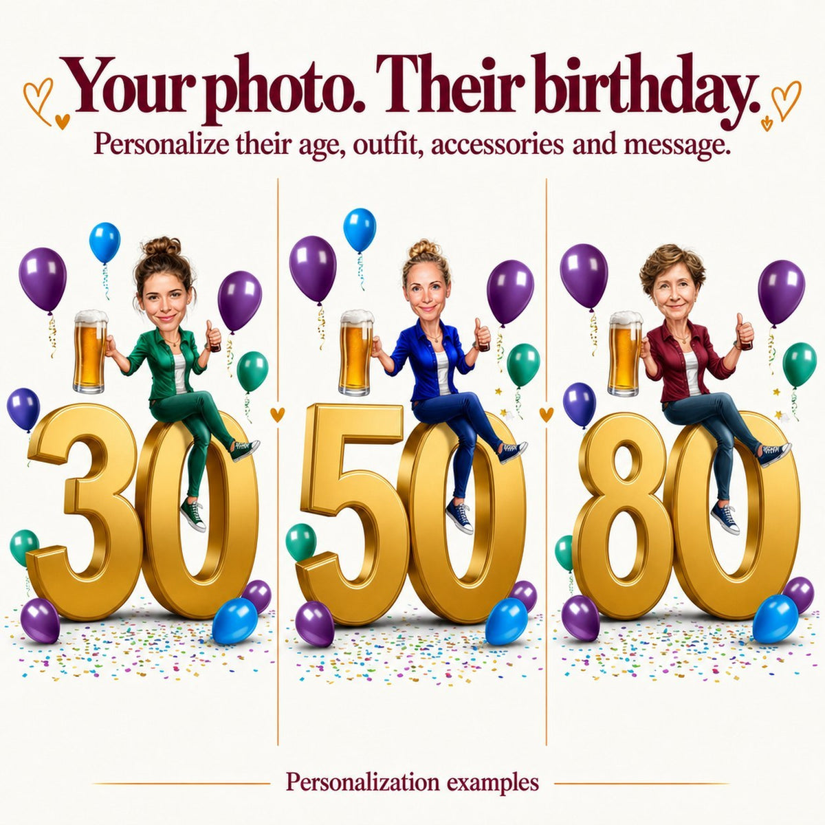 Three examples with different women’s faces at ages 30, 50, and 80 on balloons scene.