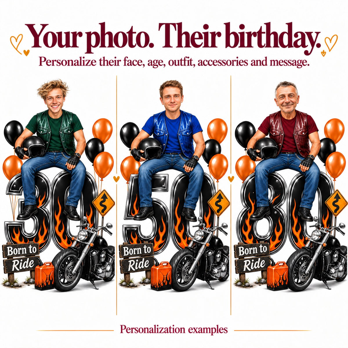 Three biker caricatures with different faces on ages 30, 50, and 80 numbers.