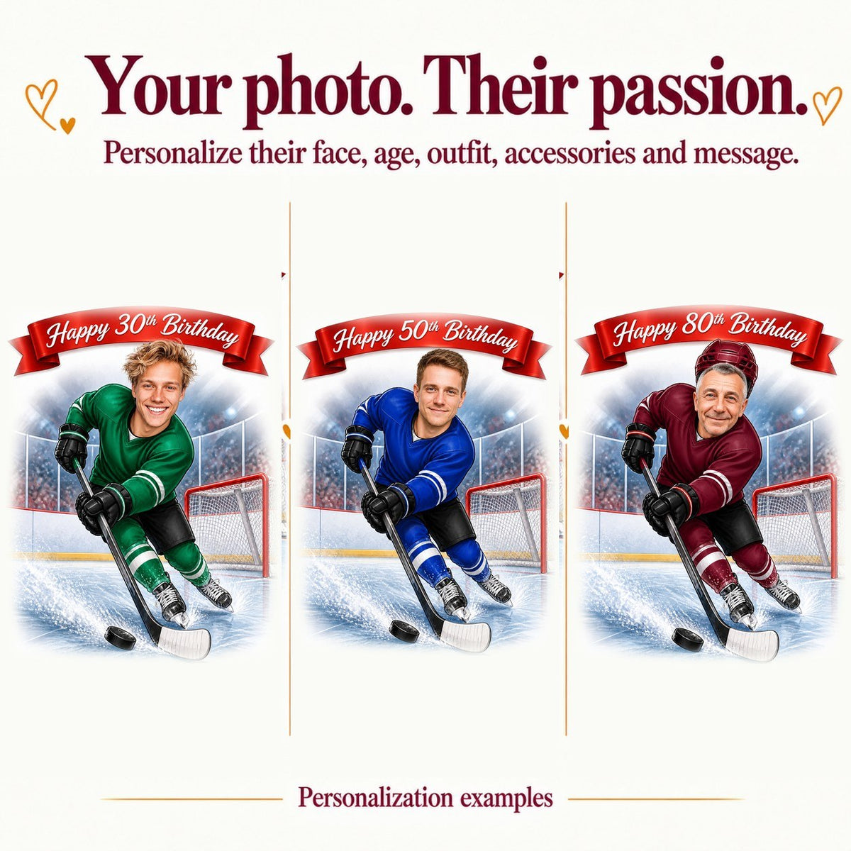 Three personalized hockey caricatures with different faces and ages 30, 50, 80