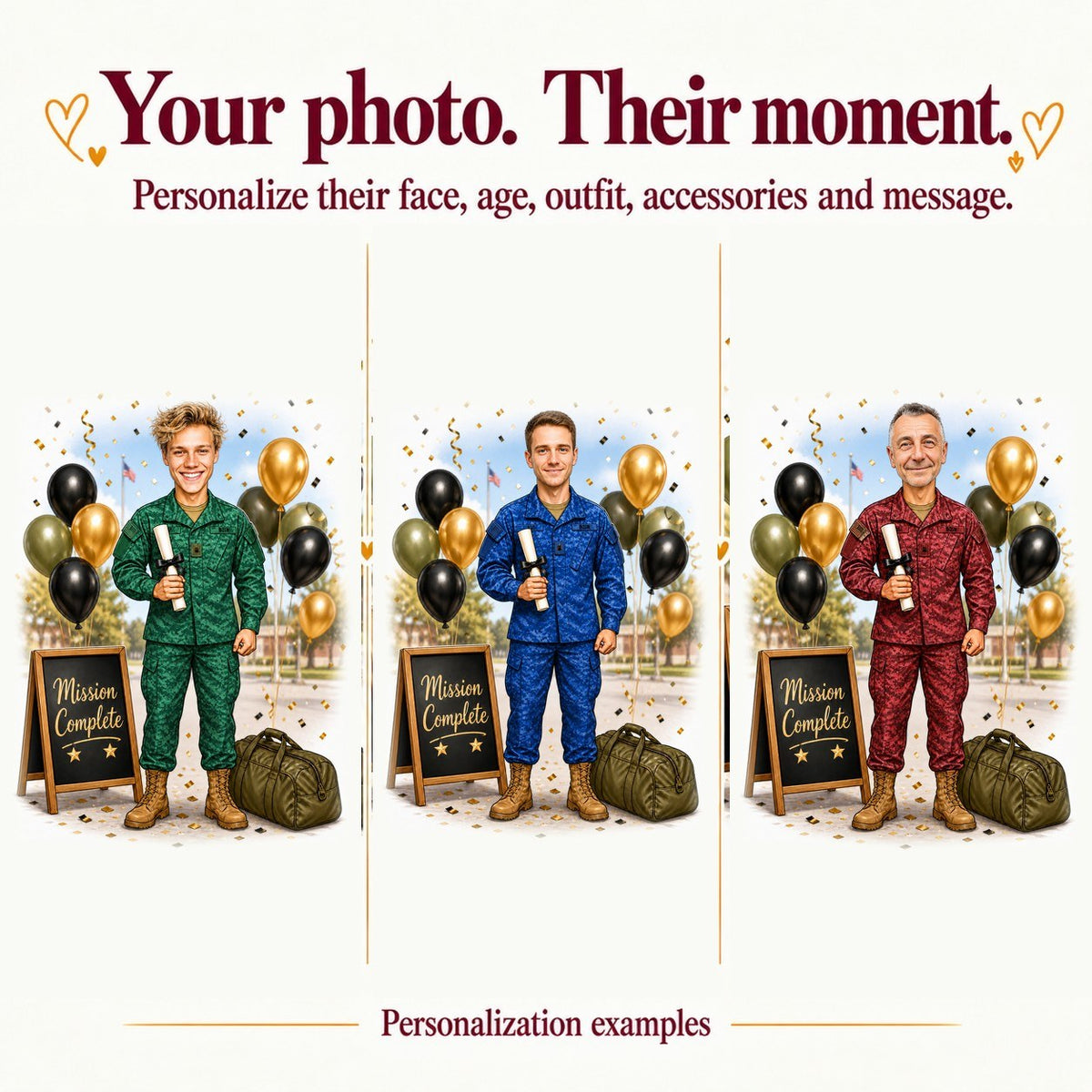 Three versions with different faces, skin tones, and uniform colors plus custom sign text.