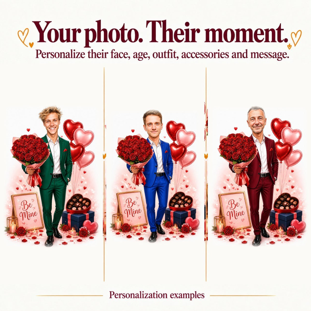 Three personalized versions: different male faces, navy suit color changes, and varied bouquet ribbons.