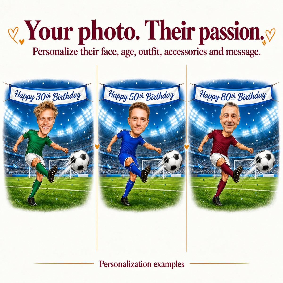 Three soccer caricatures with different faces and ages 30, 50, and 80.