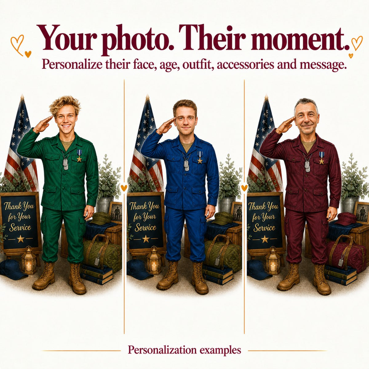 Three examples: different faces, uniform colors, and backgrounds customized on the soldier caricature.