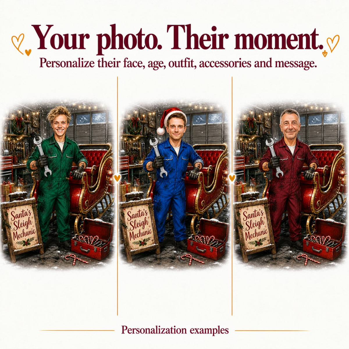 Three personalized sleigh mechanic caricatures with different faces, hats, and red, green coveralls